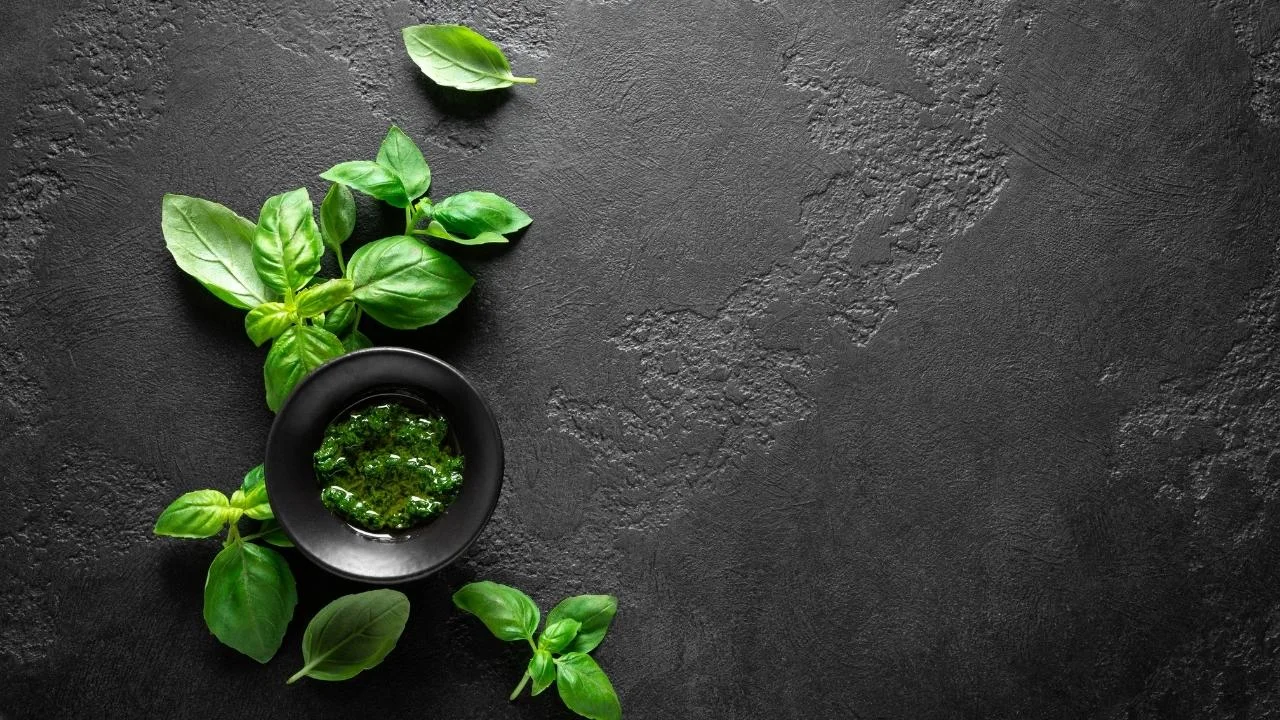 Wegańskie pesto z bazylii i listki bazylii na blacie.
